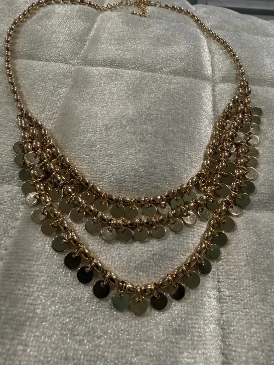 Gold Tone Layered Disc Necklace with Cascading Charms - Picture 3 of 11